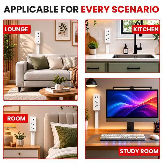 Alt view image 5 of 6 - Clamp On Extension Cord Socket Extender with USB-C & USB-A, Low-Profile Rotating Flat Plug, 3-Outlet Wall Adapter for Behind Furniture, Bedroom & Nightstand Wall Outlet Extender