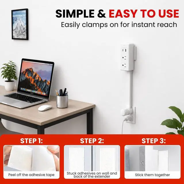 Alt view image 6 of 6 - Clamp On Extension Cord Socket Extender with USB-C & USB-A, Low-Profile Rotating Flat Plug, 3-Outlet Wall Adapter for Behind Furniture, Bedroom & Nightstand Wall Outlet Extender