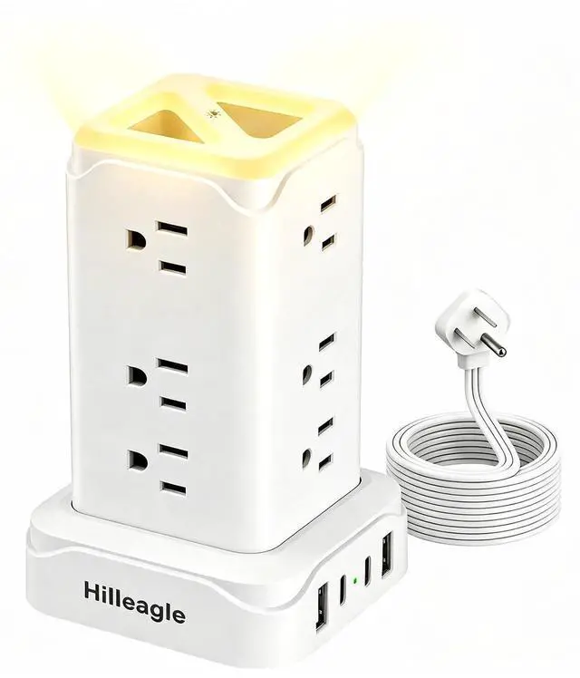 Main image of Surge Protector Power Strip Tower with Touch LED Night Light, 6Ft Extension Cord with Multiple 12 AC Outlets, 4 USB Ports (2 USB C) Charging Station, White