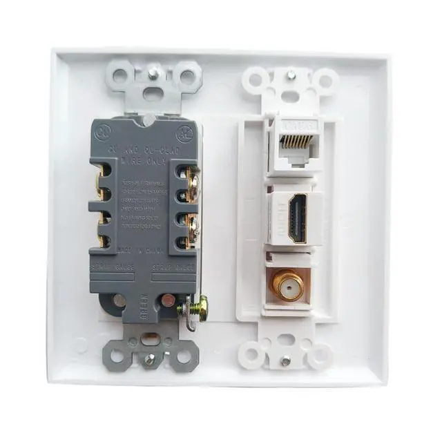 Alt view image 2 of 6 - Double Gang 20Amp Power Outlet with Ethernet Coax HDMI Wall Plate - Electrical Wall Outlet with 1 Port HDMI + 1 CAT6 RJ45 Keystone Jack + 1 Coax Cable TV F Type Face Plate - White
