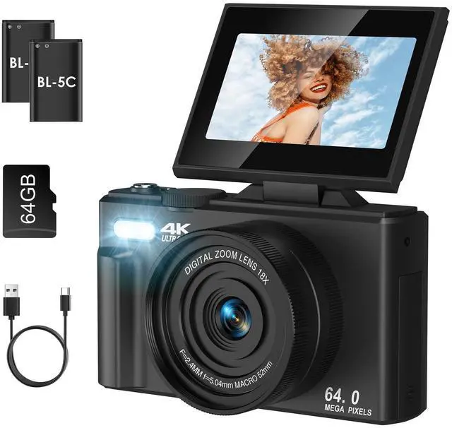 Main image of 4K UHD 75MP Digital Camera for Photography - 18X Zoom, Autofocus, 64GB, Anti-Shake WiFi Vlogging Camera with Fill Light, 180 Flip Screen Compact Vlog Travel Camara for YouTube, Two Batteries, BK