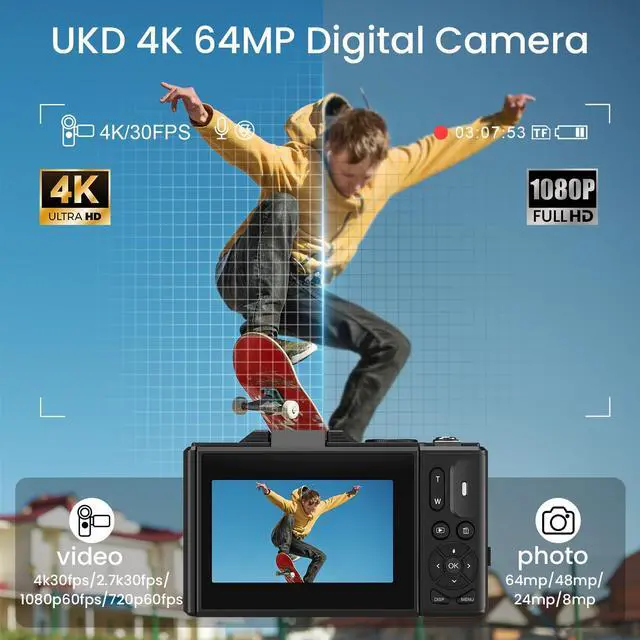 Alt view image 2 of 6 - 4K UHD 75MP Digital Camera for Photography - 18X Zoom, Autofocus, 64GB, Anti-Shake WiFi Vlogging Camera with Fill Light, 180 Flip Screen Compact Vlog Travel Camara for YouTube, Two Batteries, BK