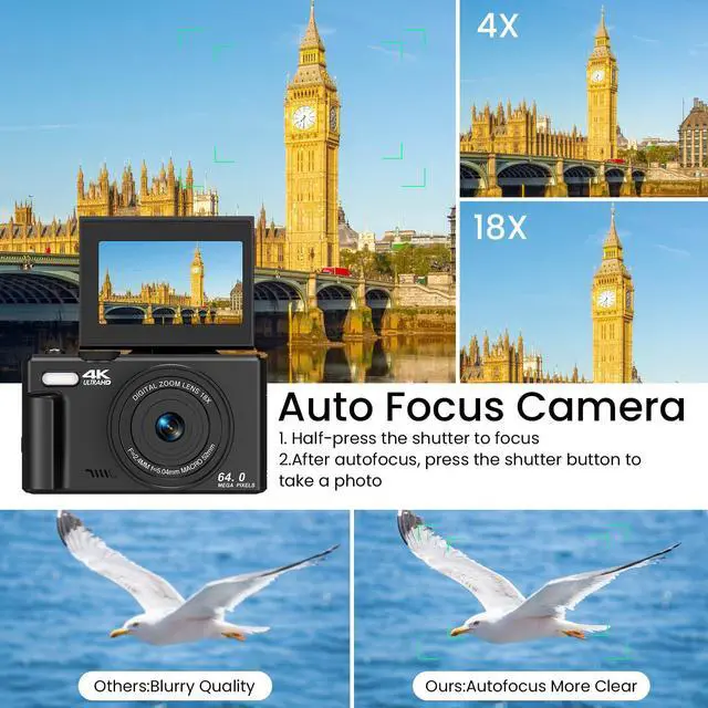 Alt view image 3 of 6 - 4K UHD 75MP Digital Camera for Photography - 18X Zoom, Autofocus, 64GB, Anti-Shake WiFi Vlogging Camera with Fill Light, 180 Flip Screen Compact Vlog Travel Camara for YouTube, Two Batteries, BK