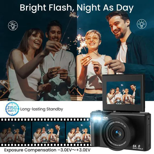 Alt view image 6 of 6 - 4K UHD 75MP Digital Camera for Photography - 18X Zoom, Autofocus, 64GB, Anti-Shake WiFi Vlogging Camera with Fill Light, 180 Flip Screen Compact Vlog Travel Camara for YouTube, Two Batteries, BK