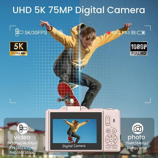 Alt view image 2 of 7 - 4K UHD 75MP Digital Camera for Photography - 18X Zoom, Autofocus, 64GB, Anti-Shake WiFi Vlogging Camera with Fill Light, 180 Flip Screen Compact Vlog Travel Camara for YouTube, Two Batteries, PK