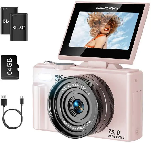 Main image of 4K UHD 75MP Digital Camera for Photography - 18X Zoom, Autofocus, 64GB, Anti-Shake WiFi Vlogging Camera with Fill Light, 180 Flip Screen Compact Vlog Travel Camara for YouTube, Two Batteries, PK