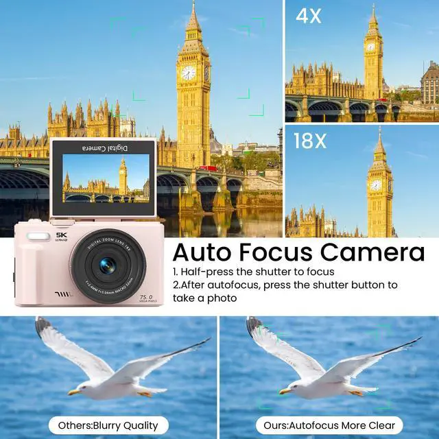 Alt view image 3 of 7 - 4K UHD 75MP Digital Camera for Photography - 18X Zoom, Autofocus, 64GB, Anti-Shake WiFi Vlogging Camera with Fill Light, 180 Flip Screen Compact Vlog Travel Camara for YouTube, Two Batteries, PK