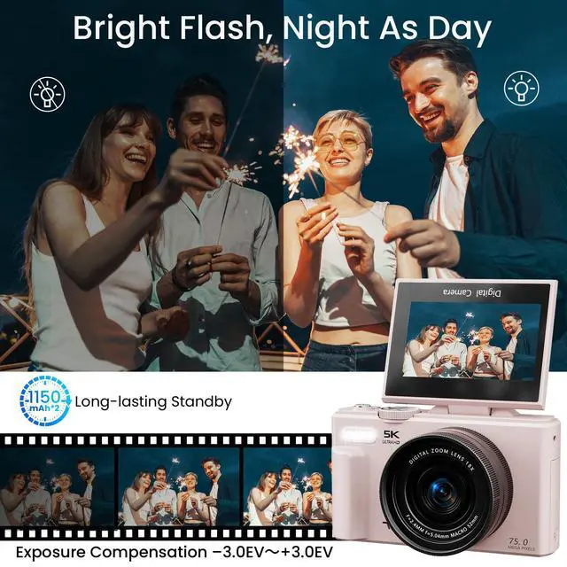 Alt view image 6 of 7 - 4K UHD 75MP Digital Camera for Photography - 18X Zoom, Autofocus, 64GB, Anti-Shake WiFi Vlogging Camera with Fill Light, 180 Flip Screen Compact Vlog Travel Camara for YouTube, Two Batteries, PK