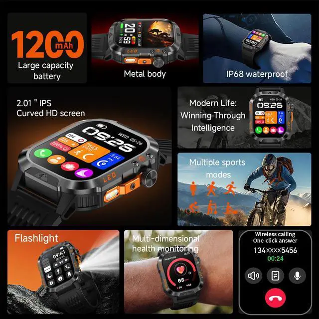 Alt view image 3 of 6 - Smart Watch,1200mAh Long Battery Life, 2.01-inch LCD, Bluetooth Calling, Flashlight, Heart Rate/Sleep Monitoring, Supports 100+Sports Modes, IP68 Waterproof,Android & iOS Compatible (Orange)