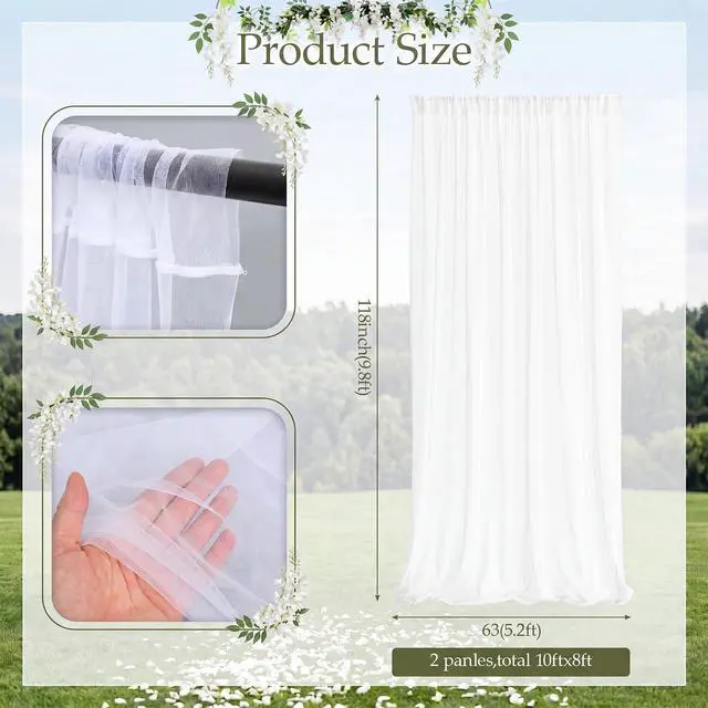 Alt view image 2 of 6 - White Wisteria Flower Garland Tulle Backdrop Set 2 White Tulle Backdrop Sheer Curtains 10ft x 5.2ft with 18 Artificial Wisteria Hanging Flowers for Wedding Baby Shower Party Decorations
