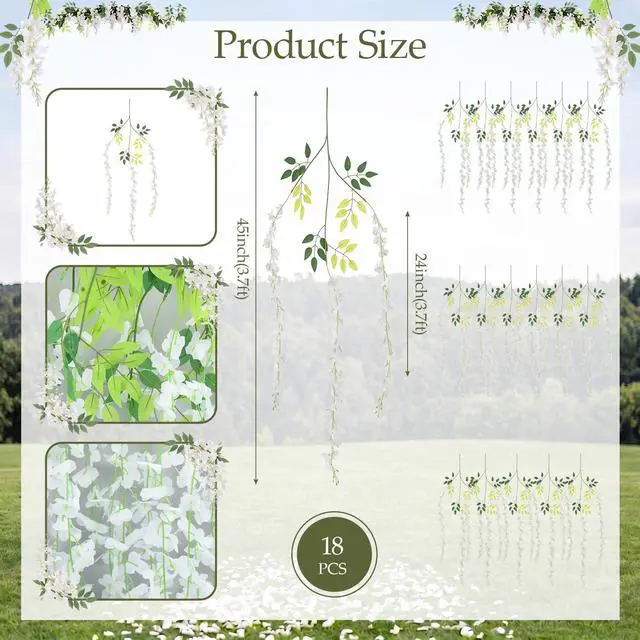 Alt view image 3 of 6 - White Wisteria Flower Garland Tulle Backdrop Set 2 White Tulle Backdrop Sheer Curtains 10ft x 5.2ft with 18 Artificial Wisteria Hanging Flowers for Wedding Baby Shower Party Decorations