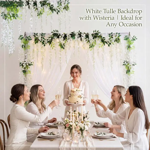 Alt view image 4 of 6 - White Wisteria Flower Garland Tulle Backdrop Set 2 White Tulle Backdrop Sheer Curtains 10ft x 5.2ft with 18 Artificial Wisteria Hanging Flowers for Wedding Baby Shower Party Decorations