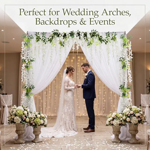 Alt view image 5 of 6 - White Wisteria Flower Garland Tulle Backdrop Set 2 White Tulle Backdrop Sheer Curtains 10ft x 5.2ft with 18 Artificial Wisteria Hanging Flowers for Wedding Baby Shower Party Decorations