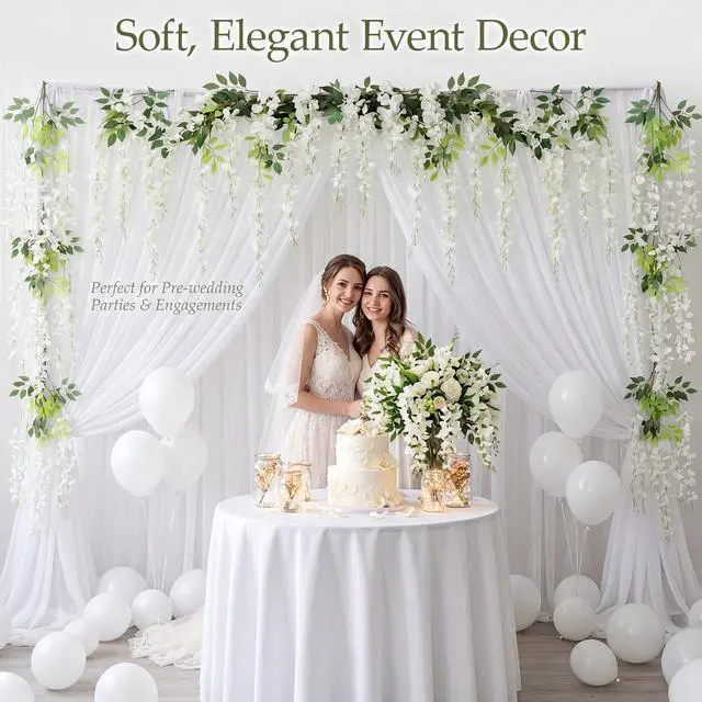 Alt view image 6 of 6 - White Wisteria Flower Garland Tulle Backdrop Set 2 White Tulle Backdrop Sheer Curtains 10ft x 5.2ft with 18 Artificial Wisteria Hanging Flowers for Wedding Baby Shower Party Decorations
