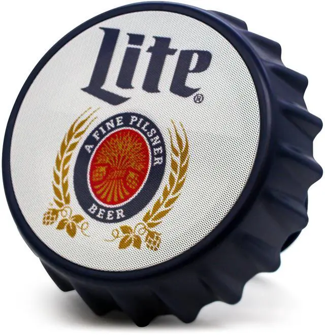Main image of Miller Lite Bottle Cap Shaped Bluetooth Speaker with Kickstand, Color Changing Light, FM Radio, 6H Playtime, Micro SD Card, Aux Port for Home/Outdoors/Beach/Bar | Portable Bluetooth Speakers