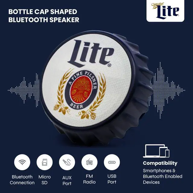 Alt view image 2 of 7 - Miller Lite Bottle Cap Shaped Bluetooth Speaker with Kickstand, Color Changing Light, FM Radio, 6H Playtime, Micro SD Card, Aux Port for Home/Outdoors/Beach/Bar | Portable Bluetooth Speakers
