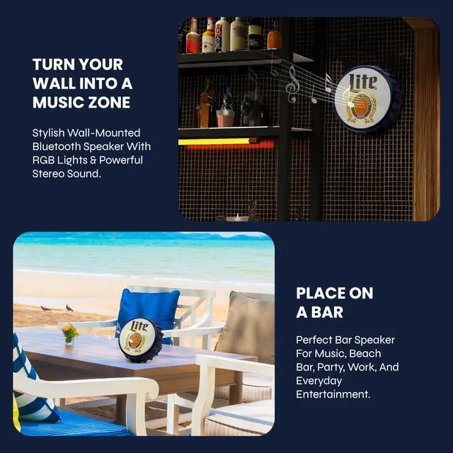 Alt view image 3 of 7 - Miller Lite Bottle Cap Shaped Bluetooth Speaker with Kickstand, Color Changing Light, FM Radio, 6H Playtime, Micro SD Card, Aux Port for Home/Outdoors/Beach/Bar | Portable Bluetooth Speakers