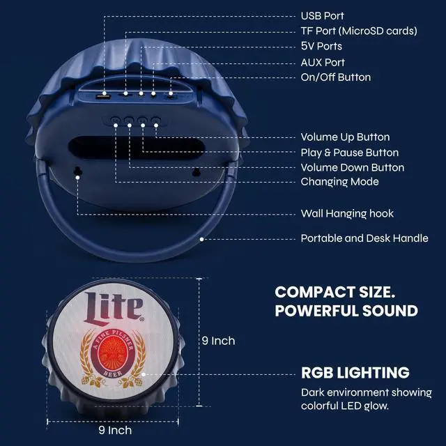Alt view image 4 of 7 - Miller Lite Bottle Cap Shaped Bluetooth Speaker with Kickstand, Color Changing Light, FM Radio, 6H Playtime, Micro SD Card, Aux Port for Home/Outdoors/Beach/Bar | Portable Bluetooth Speakers
