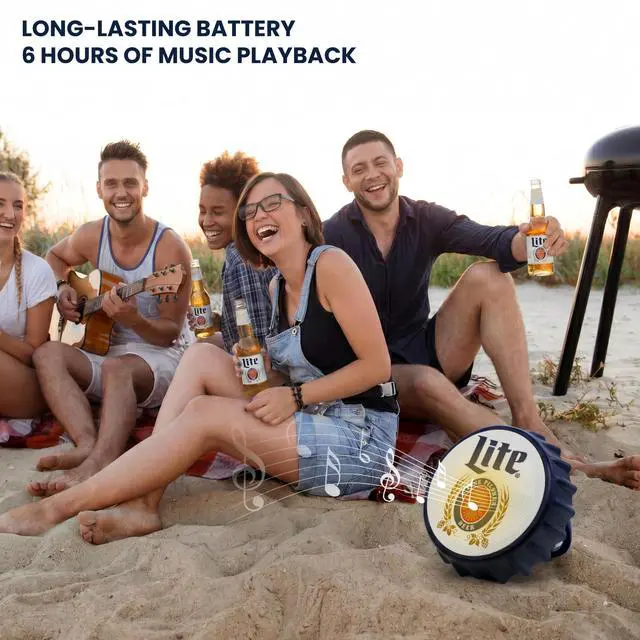 Alt view image 6 of 7 - Miller Lite Bottle Cap Shaped Bluetooth Speaker with Kickstand, Color Changing Light, FM Radio, 6H Playtime, Micro SD Card, Aux Port for Home/Outdoors/Beach/Bar | Portable Bluetooth Speakers