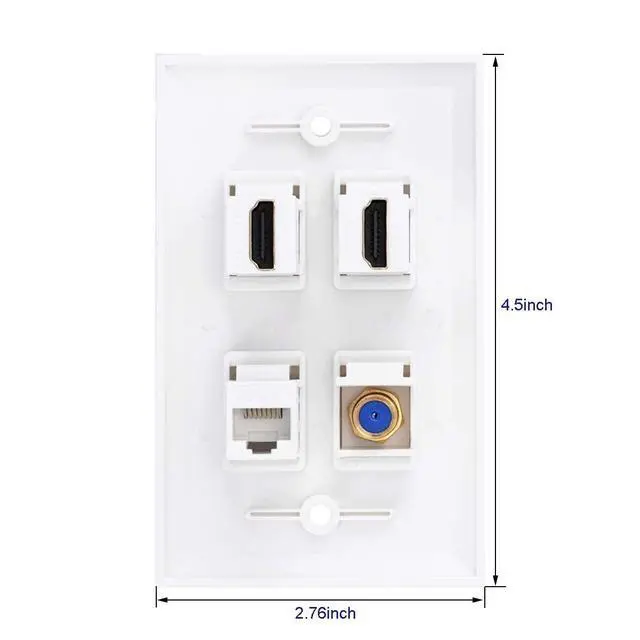 Alt view image 2 of 5 - Ethernet Coax HDMI Wall Plate, 1 Port Cat 6 RJ45, 1 Port TV Coax F Type and 2 Port HDMI Keystone Wall Plate