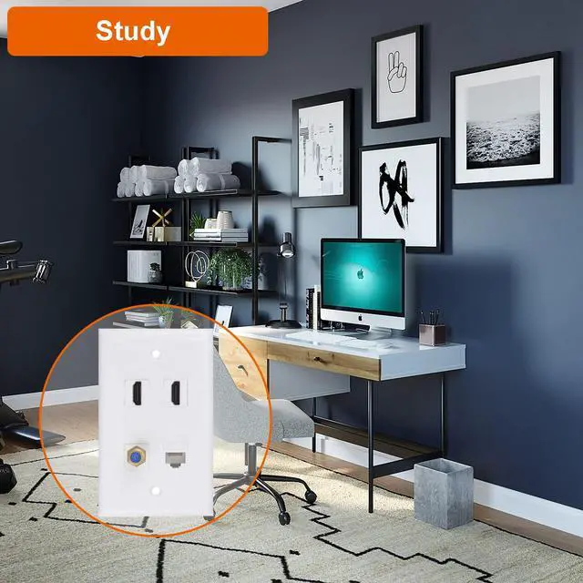 Alt view image 3 of 5 - Ethernet Coax HDMI Wall Plate, 1 Port Cat 6 RJ45, 1 Port TV Coax F Type and 2 Port HDMI Keystone Wall Plate