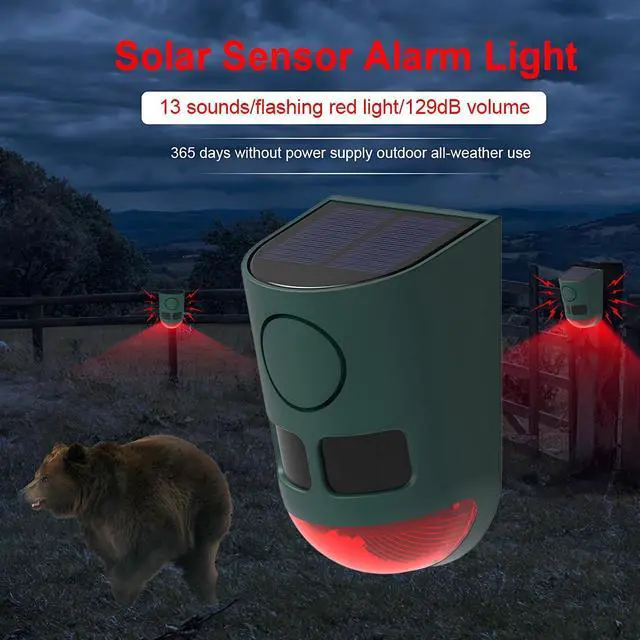 Alt view image 5 of 7 - Solar Motion Sensor Alarm Light Outdoor, 130dB Solar Strobe Warning Light with Flashing LED & Siren, Waterproof Scare Off 'Intruders' for Farm, Chicken Coop, Garden, Barn & Yard (1Pack-Green)