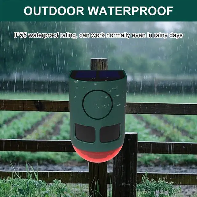 Alt view image 6 of 7 - Solar Motion Sensor Alarm Light Outdoor, 130dB Solar Strobe Warning Light with Flashing LED & Siren, Waterproof Scare Off 'Intruders' for Farm, Chicken Coop, Garden, Barn & Yard (1Pack-Green)