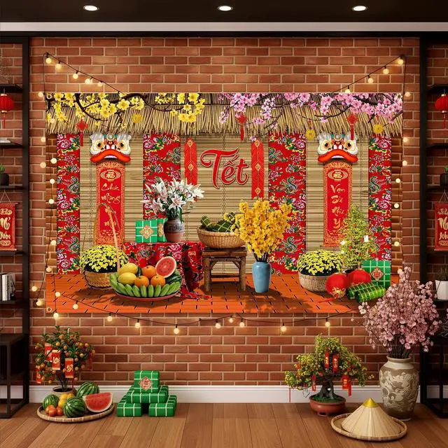 Main image of Vietnamese New Year Decorations, 2026 TET Nguyen Dan Banner, Chuc Mung NAM Moi Happy Lunar New Year Decor, Traditional TET Party Supplies for Home Photo Booth 70.8x43.3in