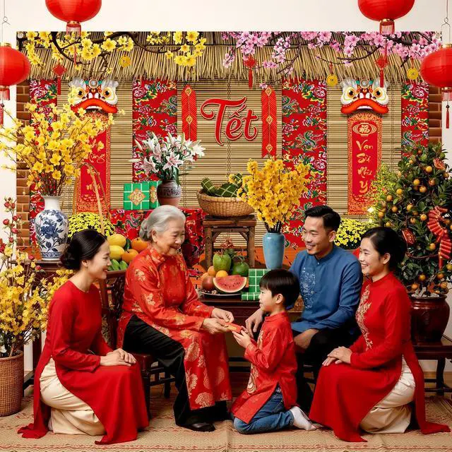 Alt view image 2 of 6 - Vietnamese New Year Decorations, 2026 TET Nguyen Dan Banner, Chuc Mung NAM Moi Happy Lunar New Year Decor, Traditional TET Party Supplies for Home Photo Booth 70.8x43.3in