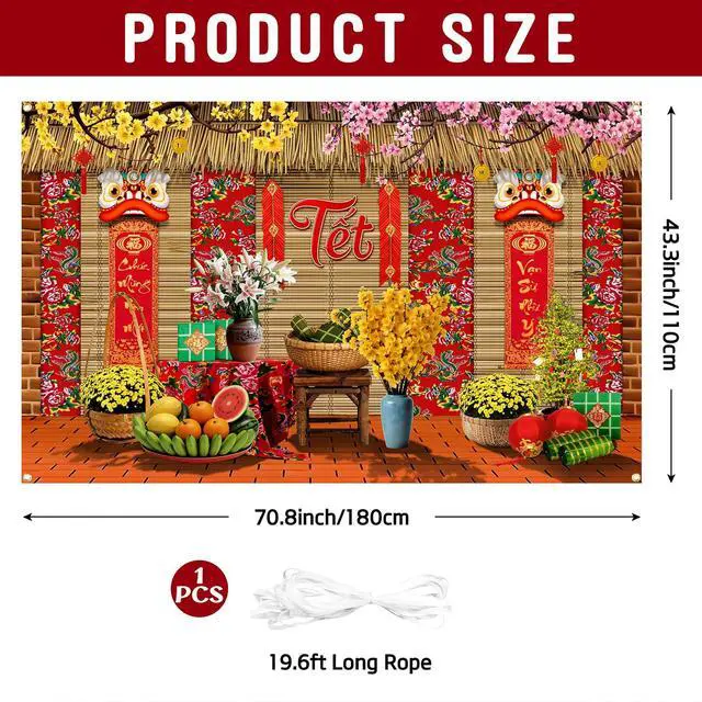 Alt view image 4 of 6 - Vietnamese New Year Decorations, 2026 TET Nguyen Dan Banner, Chuc Mung NAM Moi Happy Lunar New Year Decor, Traditional TET Party Supplies for Home Photo Booth 70.8x43.3in