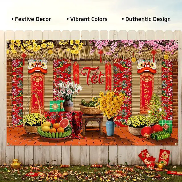Alt view image 6 of 6 - Vietnamese New Year Decorations, 2026 TET Nguyen Dan Banner, Chuc Mung NAM Moi Happy Lunar New Year Decor, Traditional TET Party Supplies for Home Photo Booth 70.8x43.3in