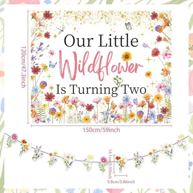 Alt view image 3 of 7 - Wildflower 2nd Birthday Decoration Wild Flower Backdrop Girls | Two Wild Birthday Decoration Floral Banner Our Little Wild flower Is Turning Two Birthday Decor