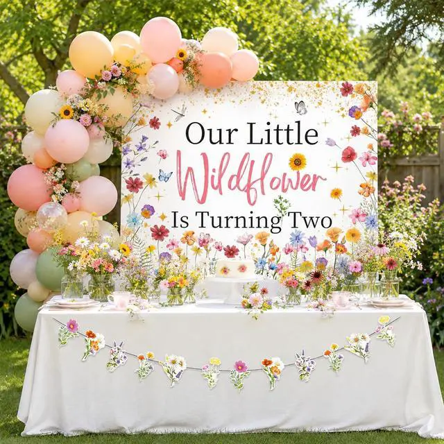 Alt view image 5 of 7 - Wildflower 2nd Birthday Decoration Wild Flower Backdrop Girls | Two Wild Birthday Decoration Floral Banner Our Little Wild flower Is Turning Two Birthday Decor