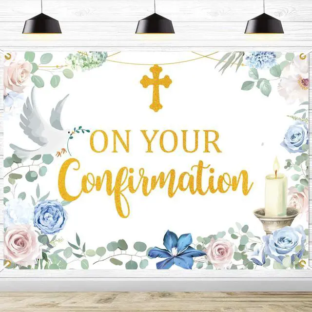 Main image of On Your Confirmation Backdrop Banner, Blessing On Your Confirmation Banner Religious Baptism Christening Party Decorations Photo Booth Props, 7 * 5 Ft