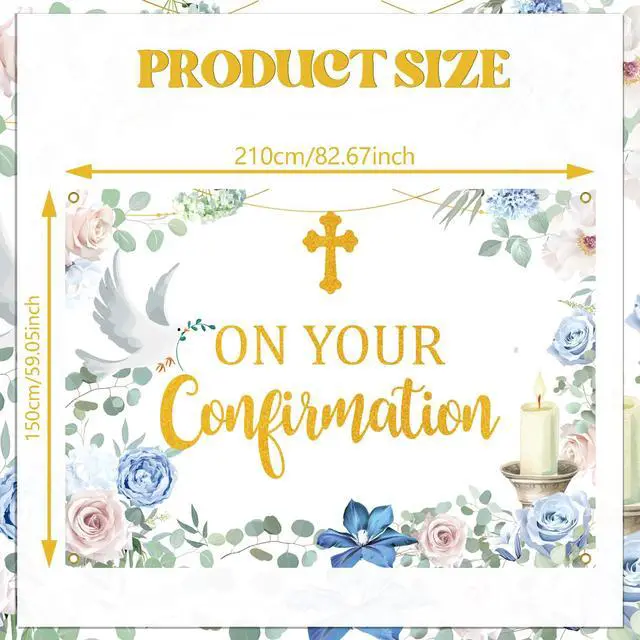 Alt view image 2 of 6 - On Your Confirmation Backdrop Banner, Blessing On Your Confirmation Banner Religious Baptism Christening Party Decorations Photo Booth Props, 7 * 5 Ft