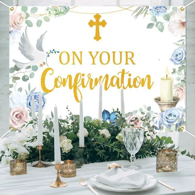 Alt view image 4 of 6 - On Your Confirmation Backdrop Banner, Blessing On Your Confirmation Banner Religious Baptism Christening Party Decorations Photo Booth Props, 7 * 5 Ft