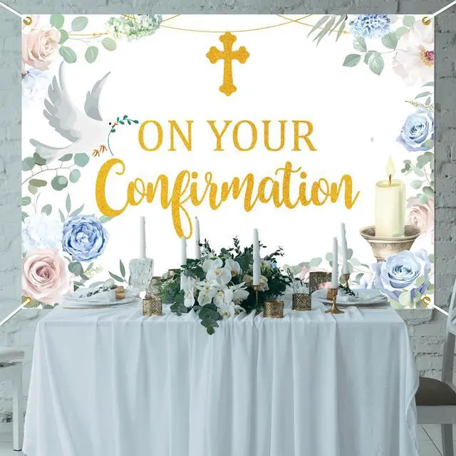 Alt view image 5 of 6 - On Your Confirmation Backdrop Banner, Blessing On Your Confirmation Banner Religious Baptism Christening Party Decorations Photo Booth Props, 7 * 5 Ft