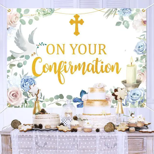 Alt view image 6 of 6 - On Your Confirmation Backdrop Banner, Blessing On Your Confirmation Banner Religious Baptism Christening Party Decorations Photo Booth Props, 7 * 5 Ft