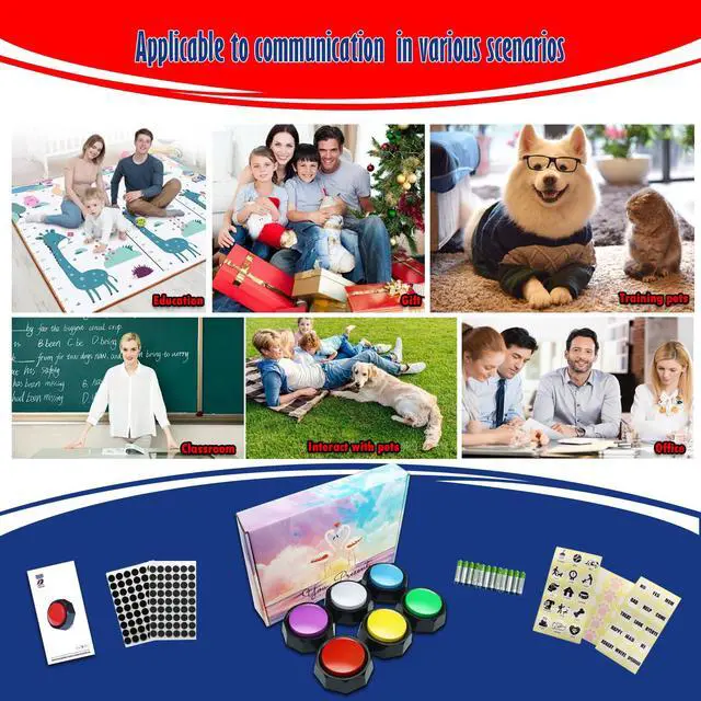 Alt view image 4 of 6 - Recordable Buttons, Dog Training and Communication Buttons, Pack of 6, 30 Seconds Recording, 30 Scene 15 Custom Stickers, 6 Pairs Non-Slip Stickers, Sound Quality is Clearly (Batteries Included)