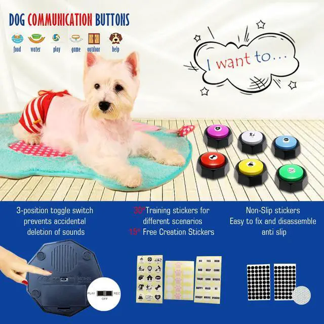 Alt view image 3 of 6 - Recordable Buttons, Dog Training and Communication Buttons, Pack of 6, 30 Seconds Recording, 30 Scene 15 Custom Stickers, 6 Pairs Non-Slip Stickers, Sound Quality is Clearly (Batteries Included)