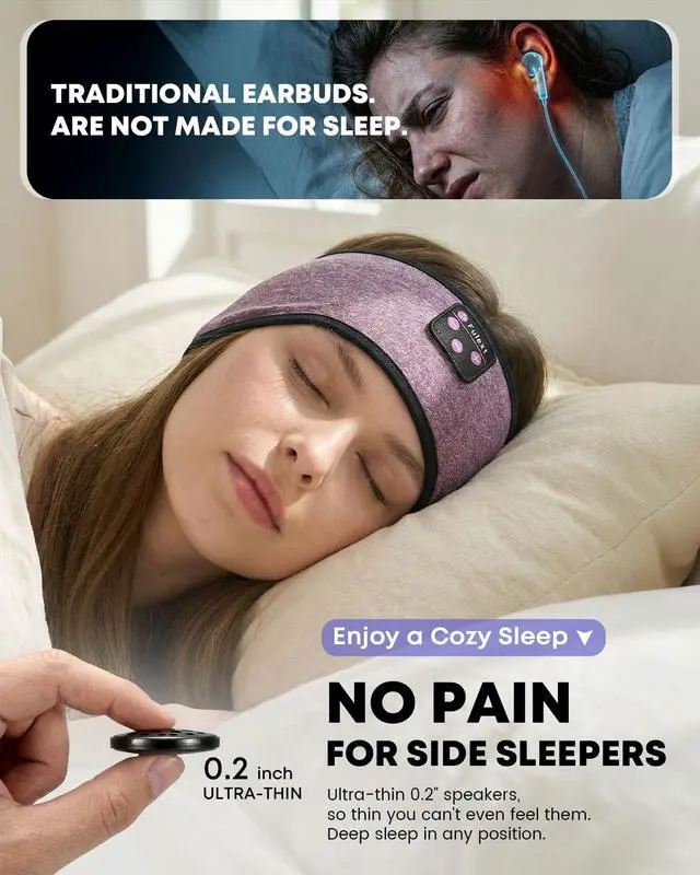Alt view image 2 of 7 - Sleep Headphones Headband Wireless Bluetooth 5.4 - Soft, Breathable, Ultra-Thin Speakers for Side Sleepers, Workout, Airplane Travel, Relaxation