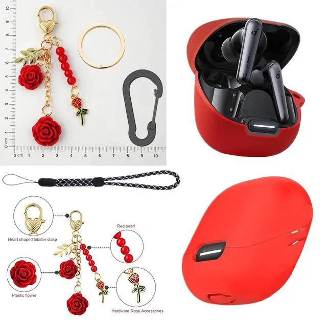 Alt view image 4 of 7 - Silicone Case for Anker Soundcore Liberty 4 NC with Cute Keychain Lanyard Shockproof Protective Cover Compatible with Earbuds Soundcore Liberty 4 NC Charging Box Case Cover for Women Men (Red)