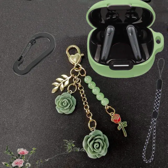 Alt view image 2 of 7 - Silicone Case for Anker Soundcore Liberty 4 NC with Cute Keychain Lanyard Shockproof Protective Cover Compatible with Earbuds Soundcore Liberty 4 NC Charging Box Case Cover for Women Men (Green)