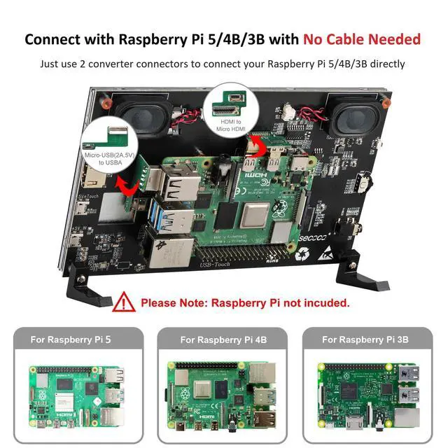 Alt view image 4 of 7 - Touchscreen Monitor for Raspberry Pi 7'' IPS LCD Screen 1024 x 600 Smooth Touch Built-in Dual Speakers HDMI Input Compatible with Raspberry Pi 5/4/3/Zero Easy Set-up Driver-Free