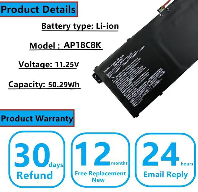 Alt view image 3 of 4 - AP18C8K New Laptop Battery compatable with Acer Aspire 5 A514-52 A514-52-58U3 Chromebook 314 C933 Swift 3 SF314-42 SF314-57 SF314-57G SF314-58 Series Notebook 11.25V 50.29Wh