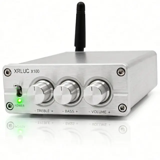 Main image of Max 200W Bluetooth Amplifier for Speakers, 2.0 Channel Home Mini Stereo Amp, Premium Full Aluminum CNC Body, with Bass Treble Control, Includes 24V 5A Adapter for Garage, Party, Living Room