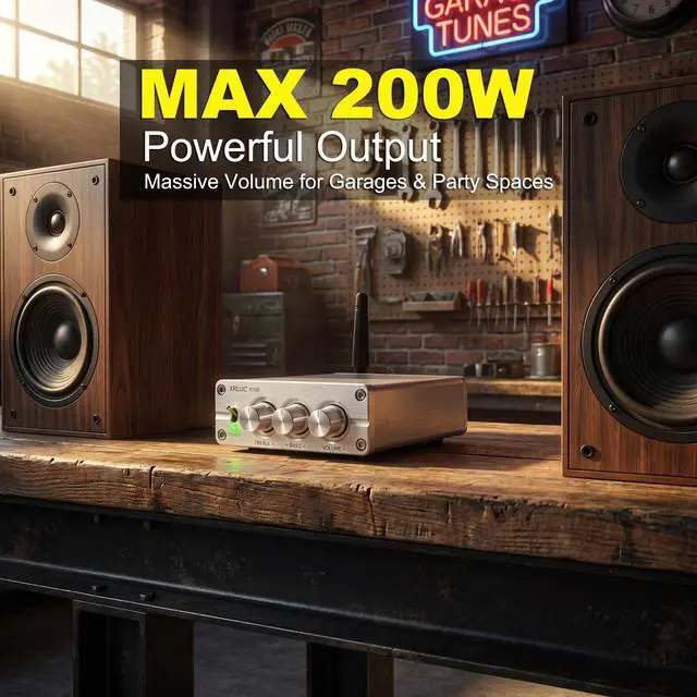 Alt view image 2 of 6 - Max 200W Bluetooth Amplifier for Speakers, 2.0 Channel Home Mini Stereo Amp, Premium Full Aluminum CNC Body, with Bass Treble Control, Includes 24V 5A Adapter for Garage, Party, Living Room