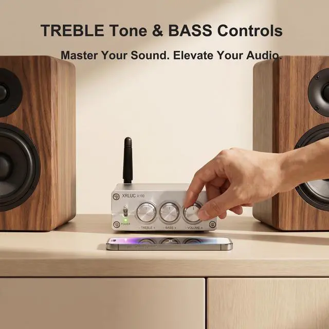 Alt view image 4 of 6 - Max 200W Bluetooth Amplifier for Speakers, 2.0 Channel Home Mini Stereo Amp, Premium Full Aluminum CNC Body, with Bass Treble Control, Includes 24V 5A Adapter for Garage, Party, Living Room
