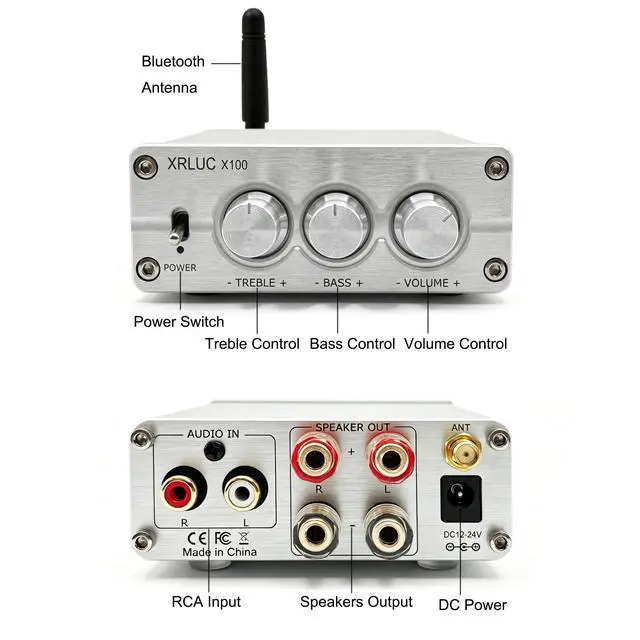 Alt view image 6 of 6 - Max 200W Bluetooth Amplifier for Speakers, 2.0 Channel Home Mini Stereo Amp, Premium Full Aluminum CNC Body, with Bass Treble Control, Includes 24V 5A Adapter for Garage, Party, Living Room