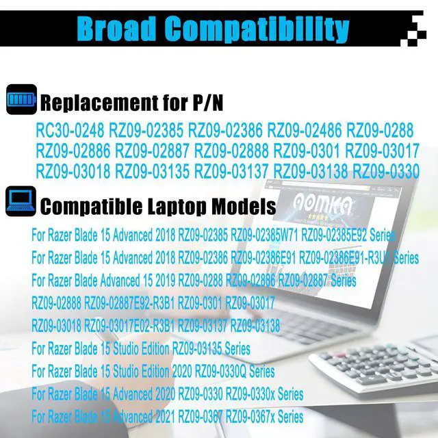 Alt view image 3 of 7 - RC30-0248 Laptop Battery Replacement for Razer Blade 15 2018 Advanced RZ09-02386E92 RZ09-02385 RZ09-02386 RZ09-02886 RZ09-02887 RZ09-02888 RZ09-0301 RZ09-0313 RZ09-0409x Series 80Wh 5209mAh 15.4V